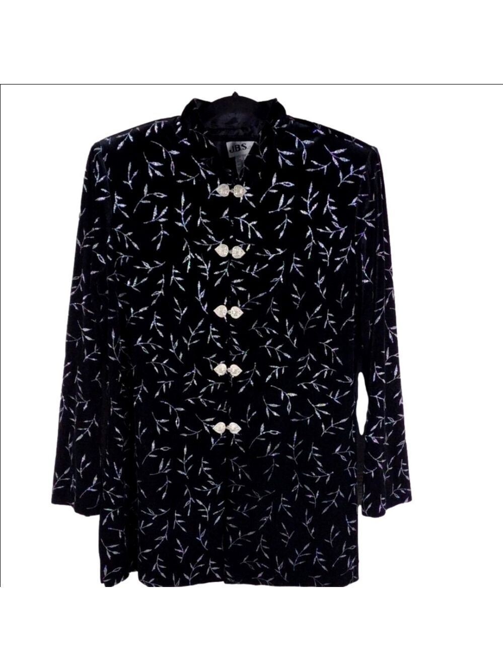 J.B.S Ltd. Black Velvet Silver Glitter Leaf Motif Stand Up Collar Tunic Jacket